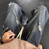 Men Jeans Summer Water Washed Hole Loose Straight Casual Trousers