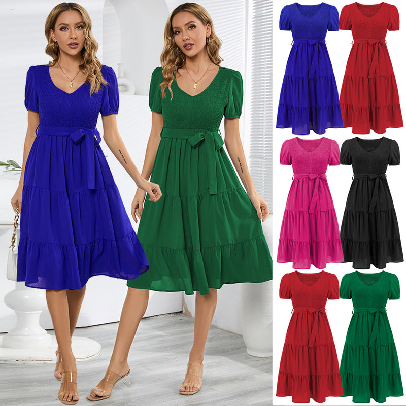 Women Date Dress V-neck Pleated Lace-up Dress