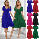 Women Date Dress V-neck Pleated Lace-up Dress