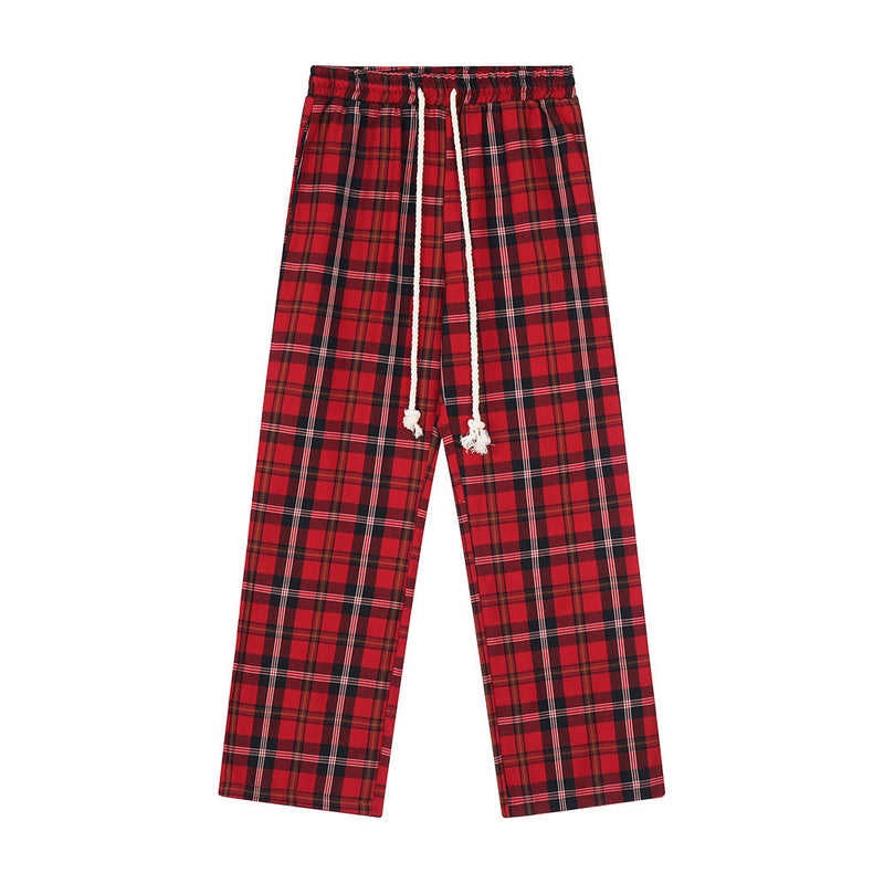 Men Sweatpants Plaid Casual Trousers Boys Drawstring Sports Loose Wide Leg Pants