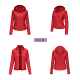Red Leather Jacket Spring and Autumn Hooded Leather Coat Women's Detachable Hat Windproof Jacket