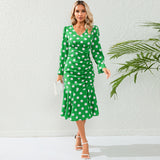 Women Date Dress Autumn and Winter Dress Sexy V-neck Polka Dot Printing Long-Sleeved Fishtail Dress