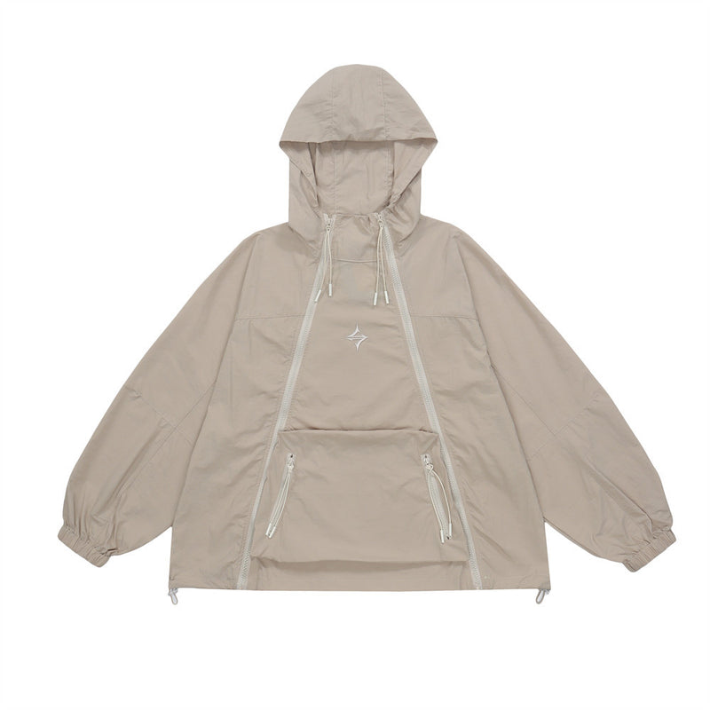Men Jacket Coat Double Zipper Hooded Jacket Autumn Sports Sun Protection Clothing Drawstring at Hem Jacket Coat