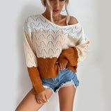 Women Knitted Sweater Autumn Breathable Hollow-out Spliced Long Sleeve round Neck Knitted Sweater