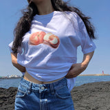 Sweet Pink Peach Printed T-shirts Summer O-Neck Women Fashion