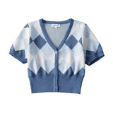 Women Sweater Knitwear V-neck Tight Waist Diamond Plaid Knitted Cardigan Single-Breasted Short Sleeve Top