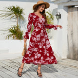Women Date Dress Autumn and Winter Leisure Floral Print Long Sleeve Lace up Casual Dress Maxi Dress