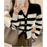 Women Knitwear Spring and Autumn V-neck Striped Tassel Sweater Slim-Fit Knitted Cardigan