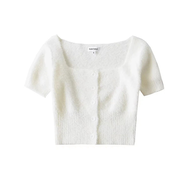 Women Sweater Knitwear Square Collar Short Sleeve T-shirt Spring and Summer Single-Breasted Top