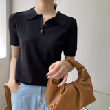 Women Knitted T-shirt Polo Short Sleeve Summer Lapels T-shirt