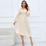 Women Date Dress Slim-Fit Long Sleeve V-neck Lace-up A- line Dress Lantern Sleeve Dress