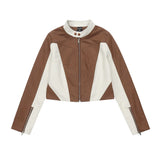 Women Jacket PU Leather Jacket Women's Casual Stand Collar Stitching Motorcycle Clothing