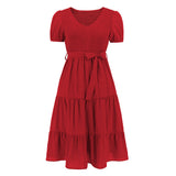 Women Date Dress V-neck Pleated Lace-up Dress