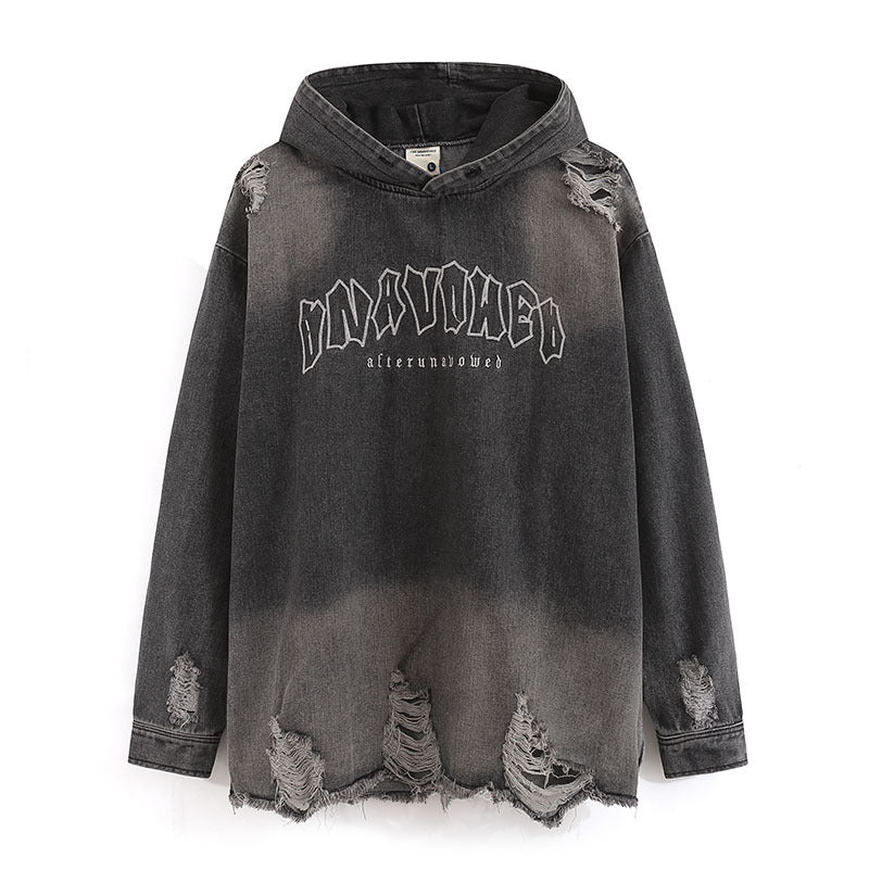 Men Hoodie Retro Distressed Heavy Industry Water Washed Hole Hooded Sweater Denim Hoodie