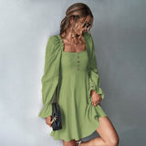 Women Dress Puff Sleeve Square Collar Long Sleeve Dress