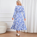 Women Date Dress Floral Dress Autumn and Winter V-neck A- line Skirt