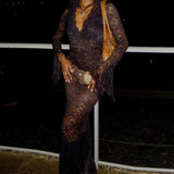 Women Dresses Sexy Lace Pattern Slim-Fit Long Sleeve Dress