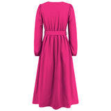 Women Date Dress Single-Breasted Cardigan Skirt V-neck Bubble Long Sleeve Dress