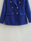 Women Suits Autumn Leisure Color Block Tweed Double Breasted Long Sleeve Suit Coat