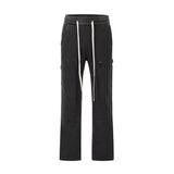 Men Sweatpants Rivet Multi-Pocket Slacks Loose Stitching Drawstring Elastic Waist Straight-Leg Trousers