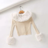 Women Sweater Knitwear Vintage Sweater Cardigan Women's Detachable Fur Collar Single-Breasted Short Knitted Top