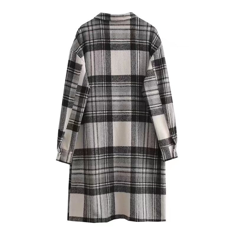 Women Woolen Coat Autumn and Winter Woolen Plaid Shirt Loose Casual Long Shirt Coat
