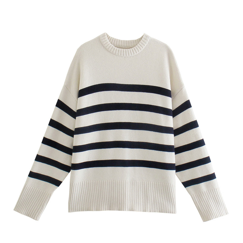Women Sweater Knitwear Spring and Autumn Striped Long Sleeve round Neck Pullover Sweater for Women Split Sweater