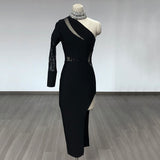 Women's Evening Dress Bandage Dress One Shoulder Lace Slit Dress Long Sleeve Tight Skirt