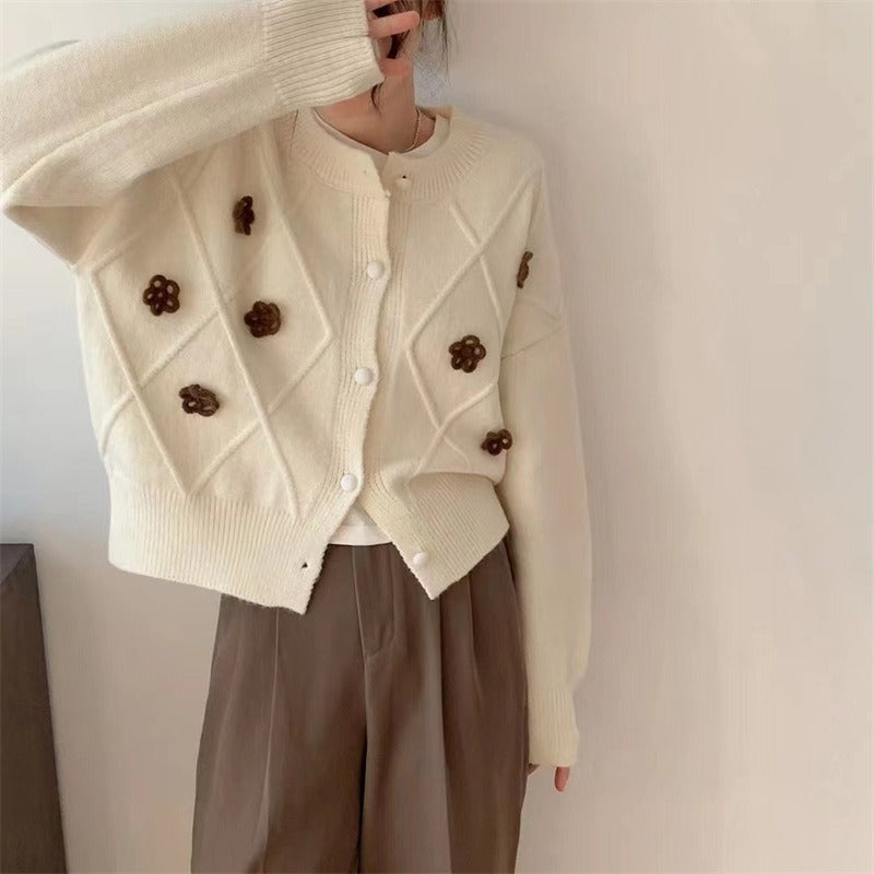 Women Knitwear Autumn and Winter Flower round Neck Sweater Loose Knitted Cardigan