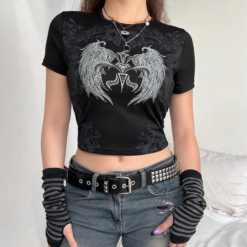 Women T-shirt Spring/Summer Tight round Neck Wings Printing Short Short Sleeve T-shirt