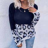 Women Knitted Sweater Autumn Stitching Long Sleeve Leopard-Print Sweater Loose