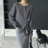 Women Cardigan Sweater Autumn Striped Long-Sleeved Top Loose round Neck 8t7300