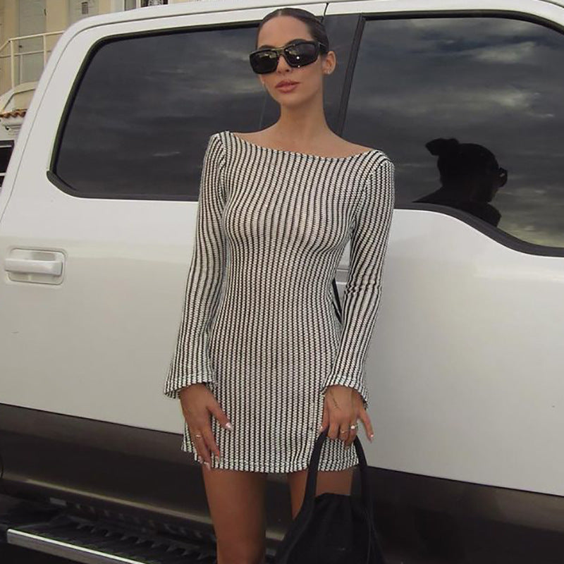 Women Dresses Striped Printed Sexy Style Hollow Backless Long Sleeve Slim Fit Dress