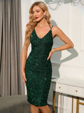 Women Evening Gown Sexy Sling Vintage Green Sequins Dress