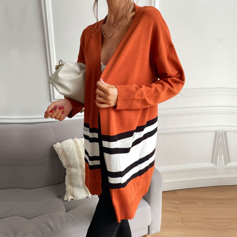 Women Knitted Sweater Autumn Long Sleeve Color Matching Long Sweater Light Cardigan
