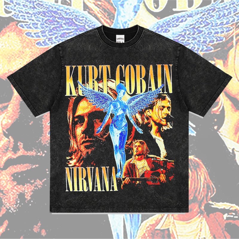 Mens Vintage Rock Band T-Shirt NIRVANA Band Kurt Cobain Print Short Sleeve T-Shirt Loose VINTAGE Wash