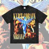 Mens Vintage Rock Band T-Shirt NIRVANA Band Kurt Cobain Print Short Sleeve T-Shirt Loose VINTAGE Wash