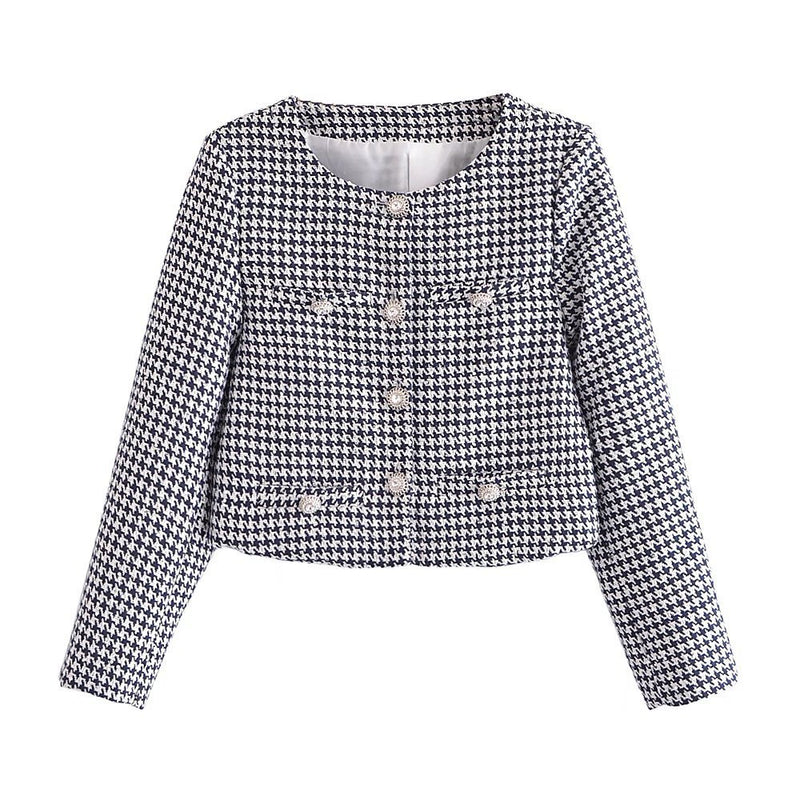 Women Woolen Coat Houndstooth Chanel Coat Autumn Top Short Cardigan