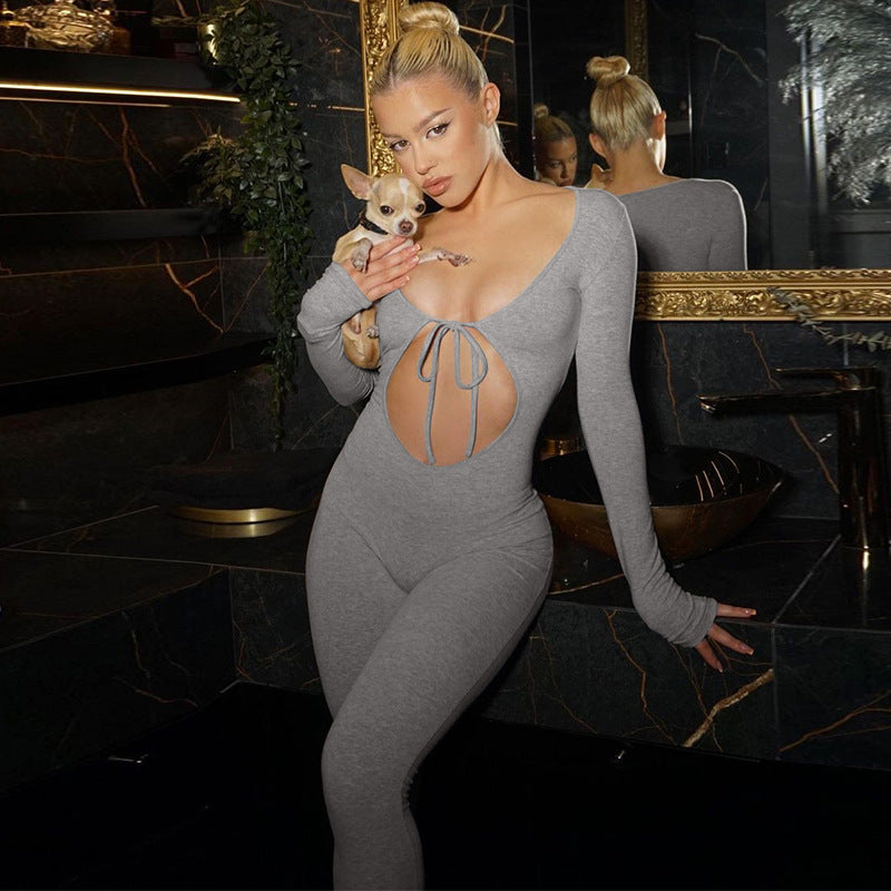 Women Jumpsuit Autumn Sexy Chest Hollow Slim Fit Long Sleeve Jumpsuit