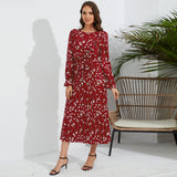 Women Date Dress Autumn and Winter Leisure Floral V-neck Long-Sleeve Dress
