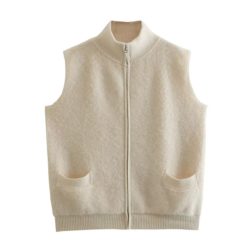 Women Sweater Knitwear Autumn Stand Collar Double Pocket Sleeveless Knit Vest Vest Jacket