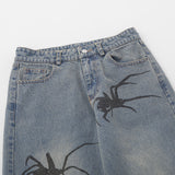 Women Pants Spider Print Straight Jeans Loose-Fitting Wide-Leg Trousers