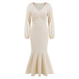 Women Date Dress V-neck Fishtail Skirt Elegant High Waist Evening Long Dress