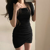 Women Dresses Pink Square Collar Pleated Short Sleeves Dress