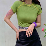 Women T-shirt Summer Sexy Midriff-Baring Top round Neck Short Sleeve T-shirt