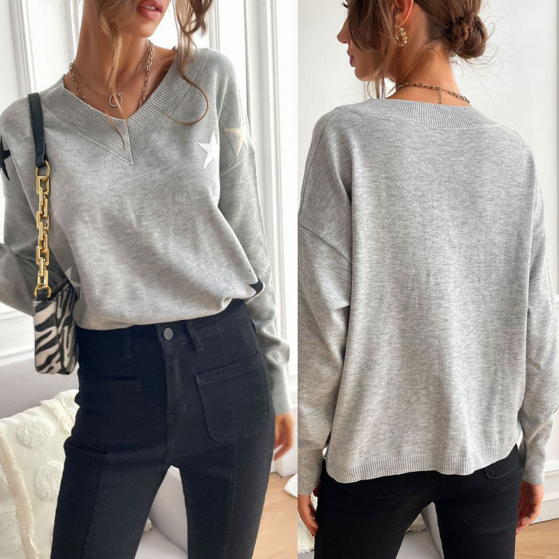 Women Knitted Sweater Fall Gray V-neck Loose Pullover Five-Pointed Star Sweater