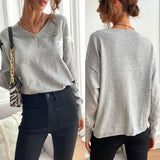 Women Knitted Sweater Fall Gray V-neck Loose Pullover Five-Pointed Star Sweater