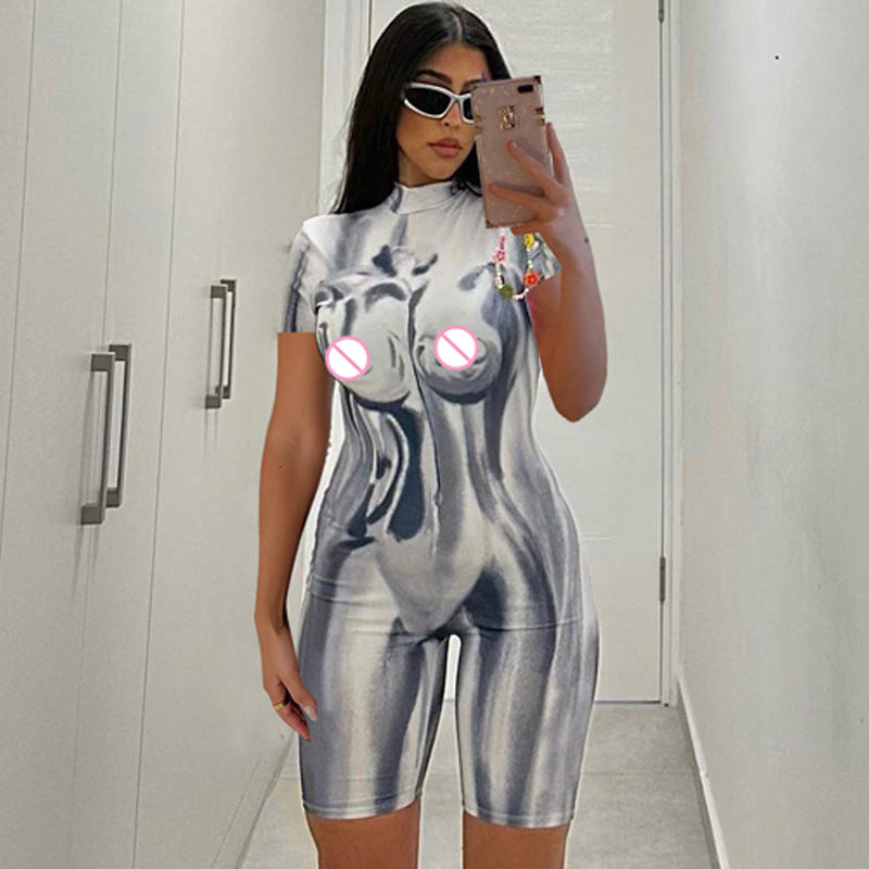 Women Jumpsuit Summer Printed Slim round Neck Zipper Short-Sleeved Jumpsuit