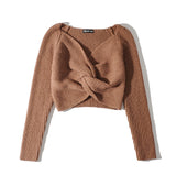 Women Sweater Knitwear Midriff-Baring Top V-neck Cross Kinked Long Sleeve Knitted Sweater