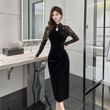 Women Maxi Dress Spring and Autumn Velvet Cheongsam Sexy Retro Dress Dress